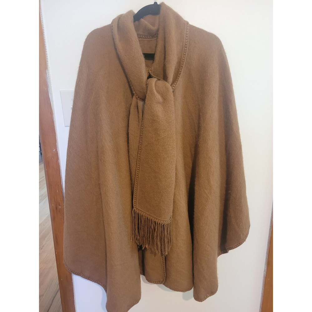 Alpaca Wool Artesania Textil Ccahuantico Poncho Shawl Cloak Scarf Neck Tan SOFT